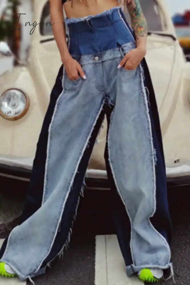 Ingvn - Casual Patchwork Contrast High Waist Denim Jeans Blue / S Denim/Jeans
