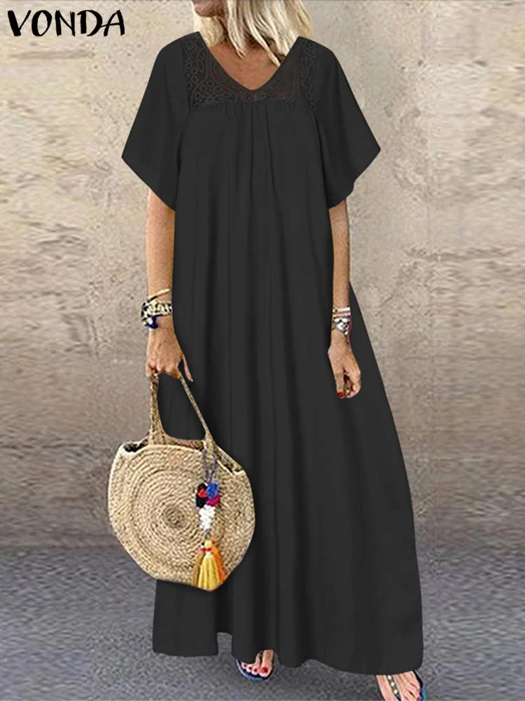 VONDA 2022 Women Fashion Casual Loose Sundress Bohemian Summer Retro Lace Patchwork Holiday Robe Half Sleeve V Neck Long Dress