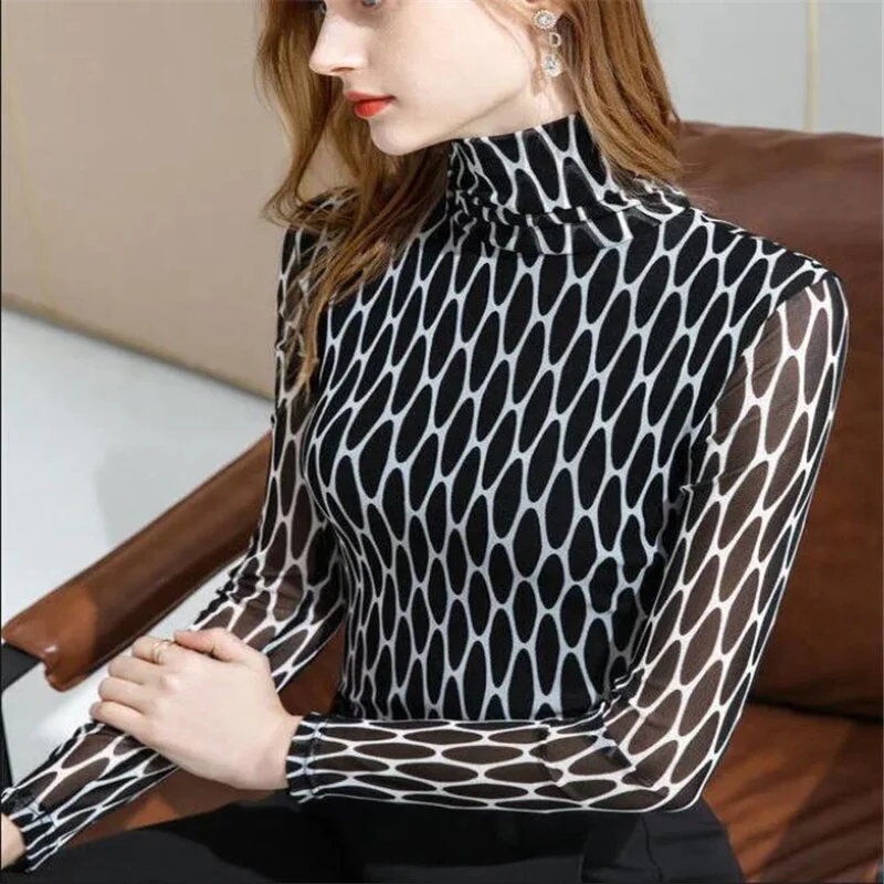 Fashion High-neck T-shirt Women Mesh Bottoming Top Thin Autumn Clothes Perspective Inner Long-sleeved Pullover Tee Female Tshirt