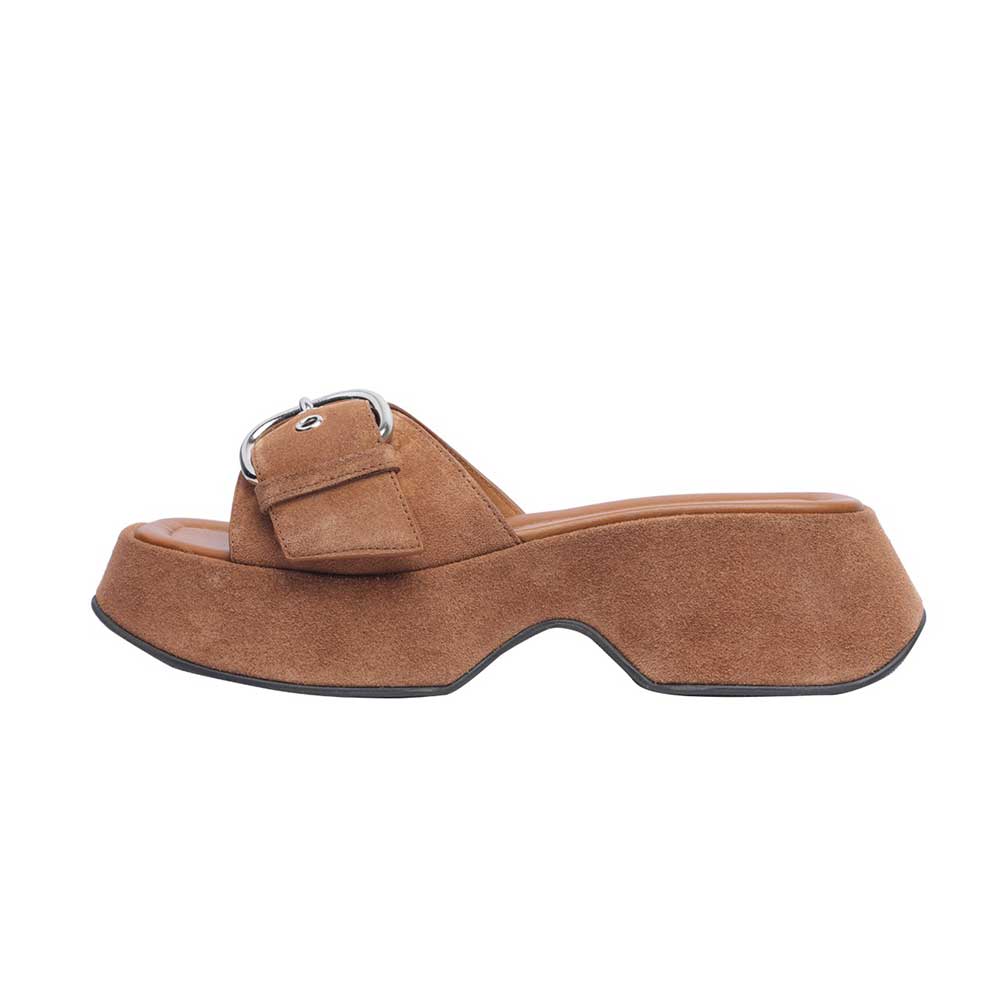 Brown Faux Suede Square Toe Block Heel Wide Band Platform Mules Nicepairs