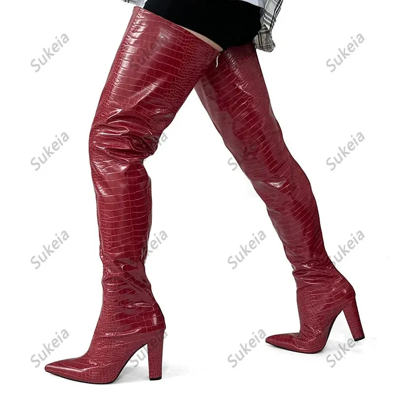 VCSHOES Women Thigh Boots Crocodile Chunky Heels Pointed Toe Pretty Wine Red Club Shoes Ladies US Size 5-15
