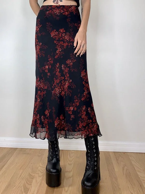 Brownm midi skirt with mesh inserts and floral pattern