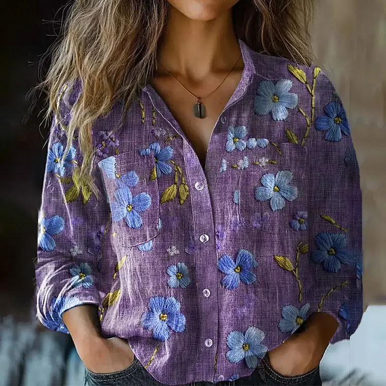 Bohemian Style Purple Floral Embroidery Linen Print Long Sleeve Shirt