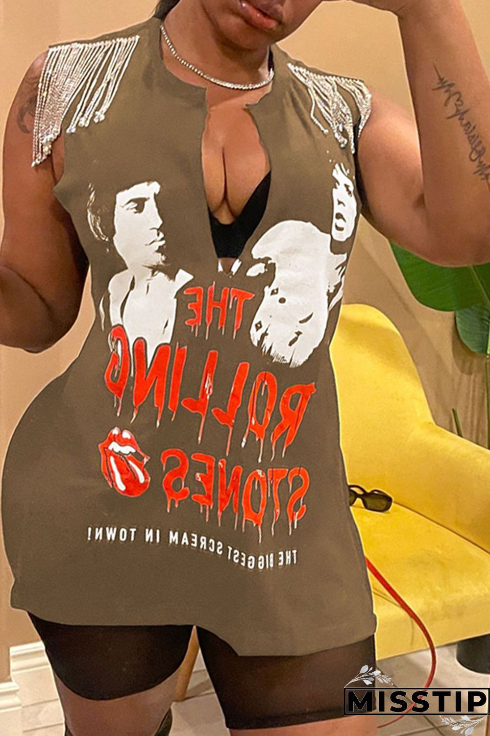 Brown Fashion Casual Print Tassel Patchwork V Neck T-Shirts