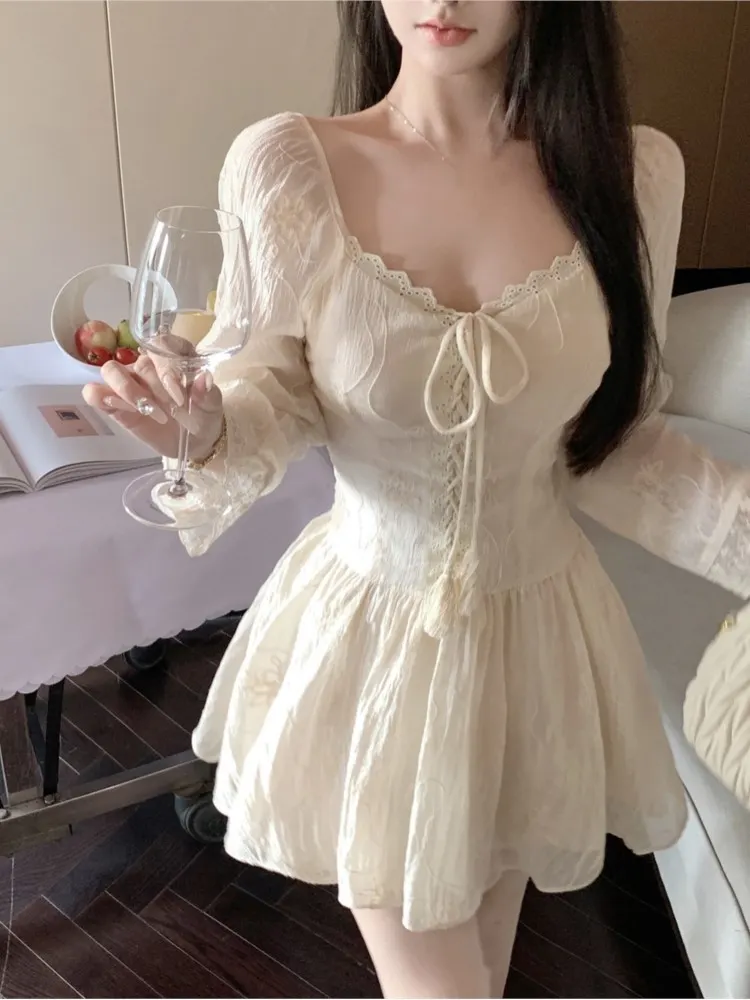 Sexy Slim Lace-up Mini Dress Women Bodycon V-neck Long Sleeve Spring French Elegant A-line Kawaii Birthday Party Vestidos Mujers