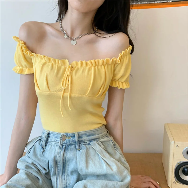 Uveng Uveng Short-Sleeved T-Shirt On The Shoulder Of The Female In Summer New Square Collar Draw Rope Wearing A Short Brooch Jersey