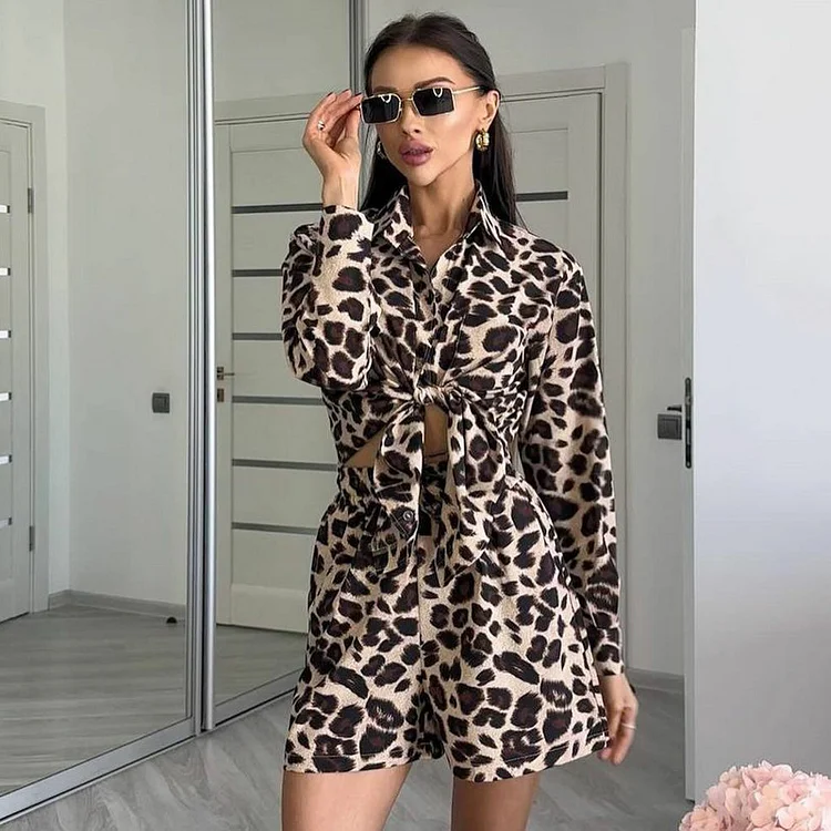Leopard Print Long Sleeve Cardigan Shirt Women's Shorts Two-piece Set