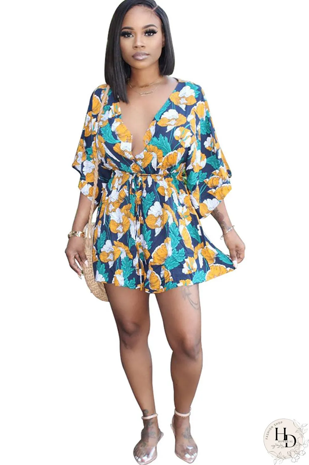 Blue Fashion Casual Floral Print Patchwork bandage Polyester Half Sleeve V Neck Jumpsuits