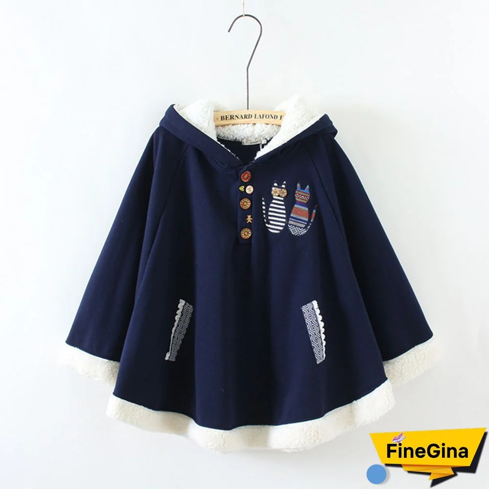 Cat Embroidery Loose Plush Hooded Cloak Coat