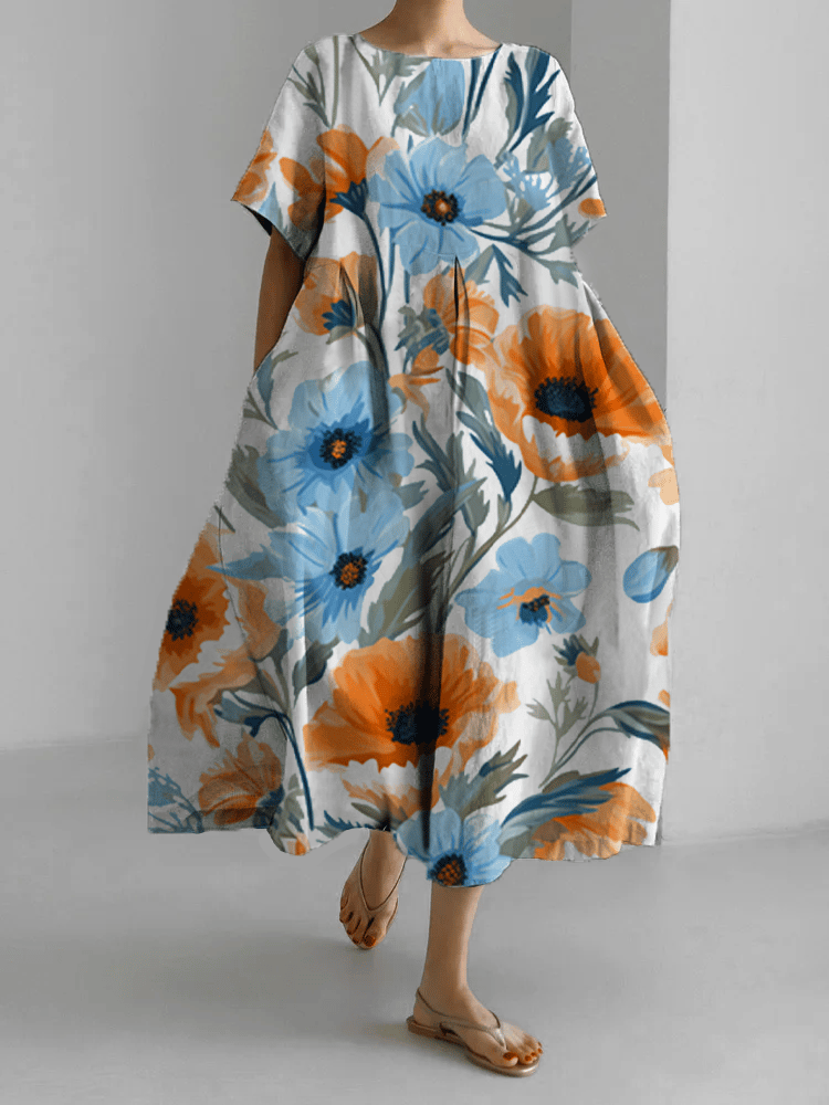 Women's Loose Round Neck Medium Length Skirt Dress