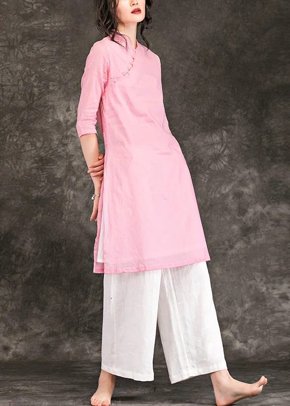 Elegant v neck Three Quarter sleeve linen dress Metropolitan Museum Neckline pink shift Dress Summer