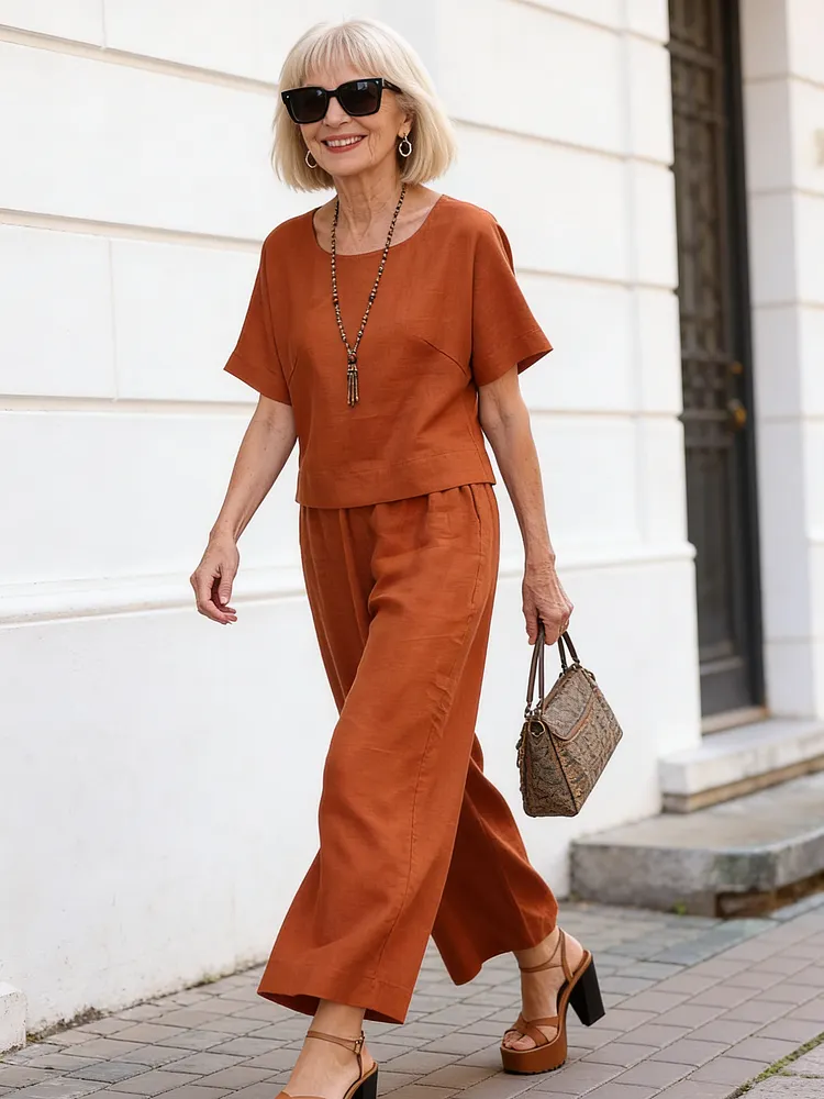 Linen Casual Loose Solid Color Suit Two Piece Set