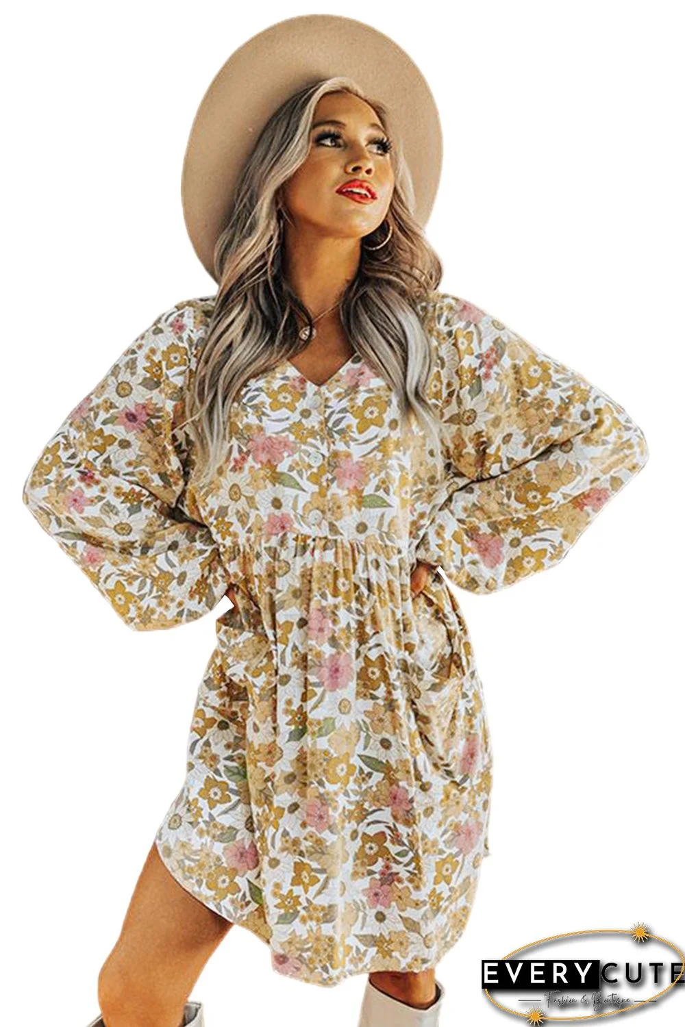 V Neck Puff Sleeve Floral Dress with Pocket