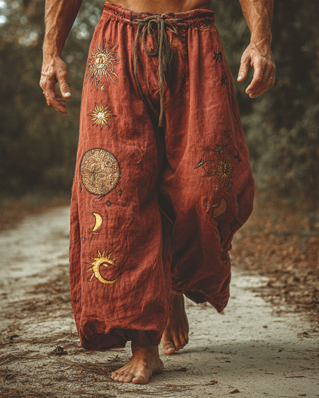 Men's casual star and moon 3D embroidered linen trousers 2e5f