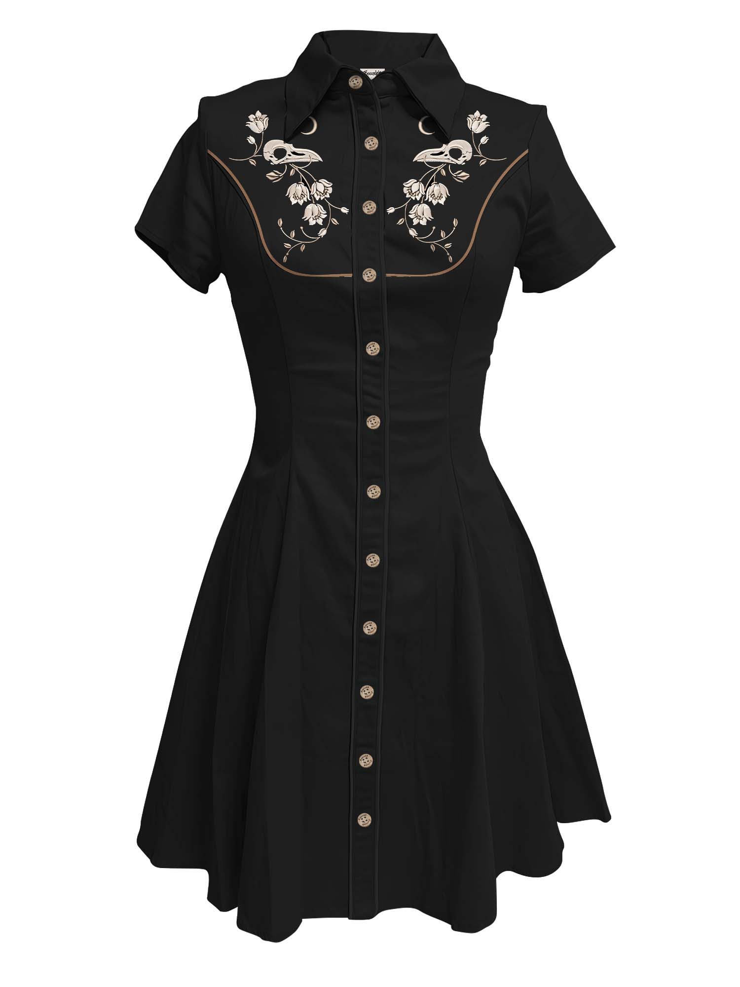 【Embroidery】Skeleton Crow Head And Flower - 100% Cotton Dress