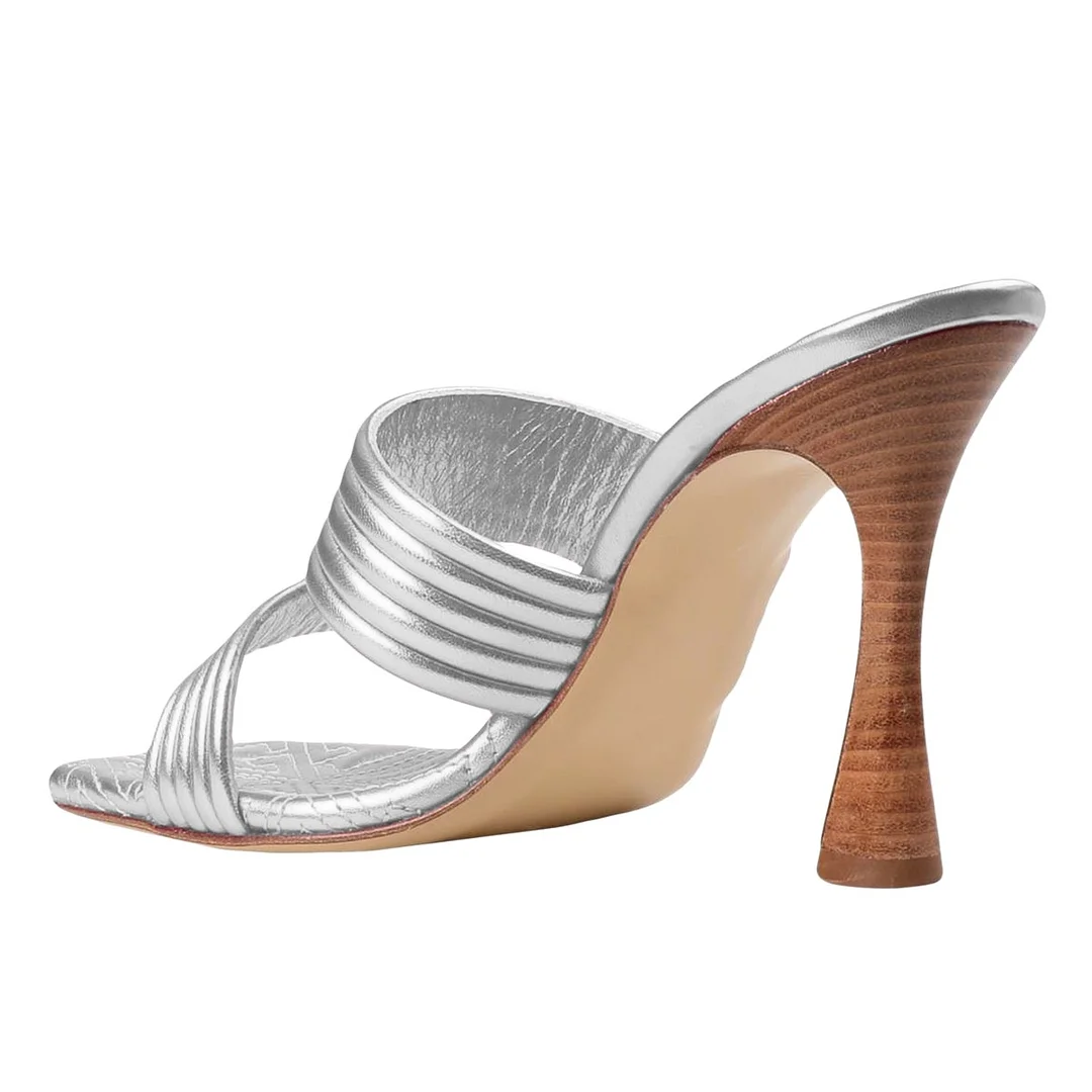 Square Toe Spool High Heeled Double Strap Metallic Silver Sandals