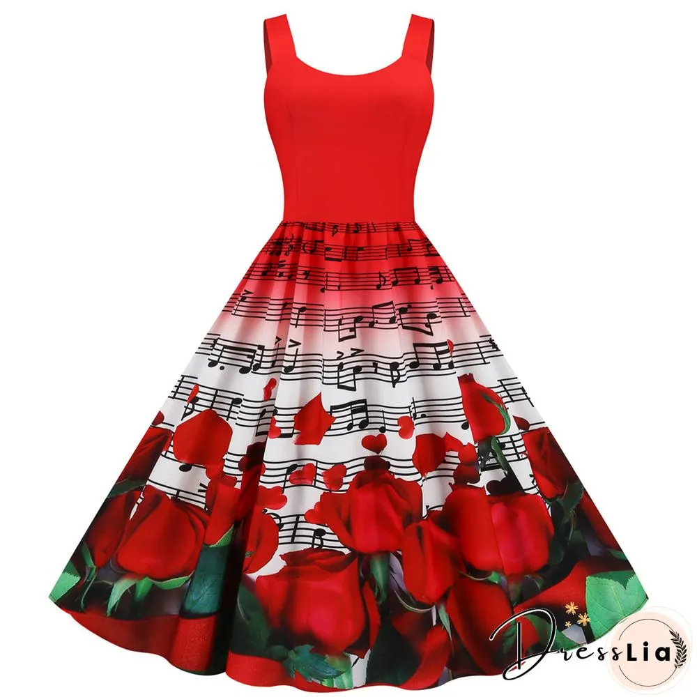 Sweet Heart Print Swing Vintage Women Summer Dress Sexy Halter Retro Rockabilly Rave Party