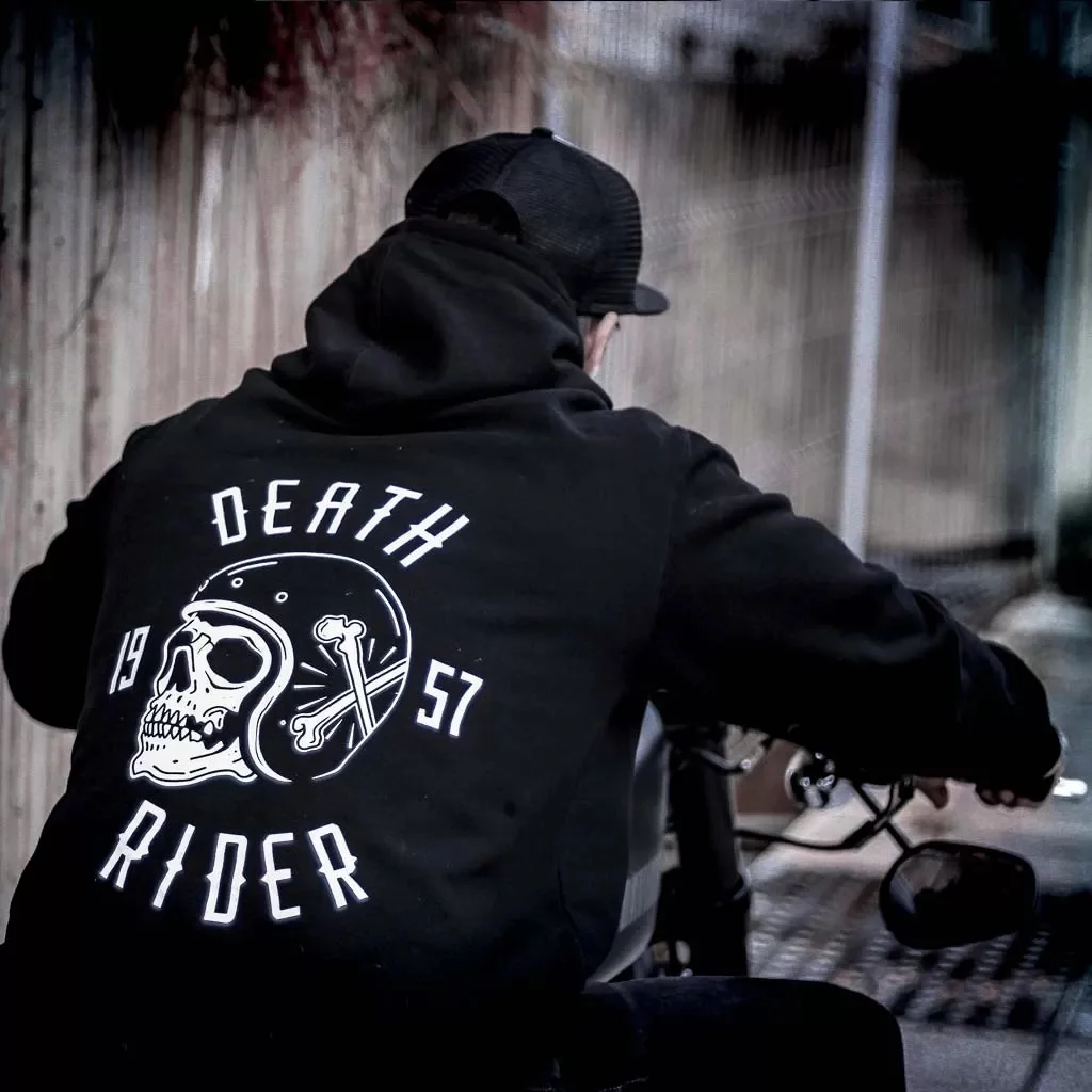 DEATH RIDER Skull with Helmet Graphic Casual Black Print Hoodie