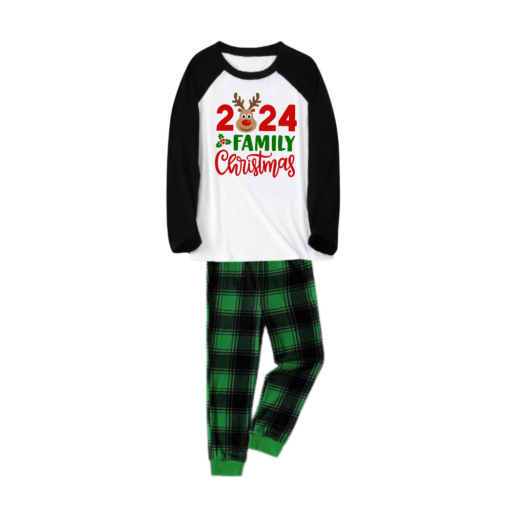 "2024 Family Christmas" and Deer Printed Green and Black Plaid Christmas Family Pajamas