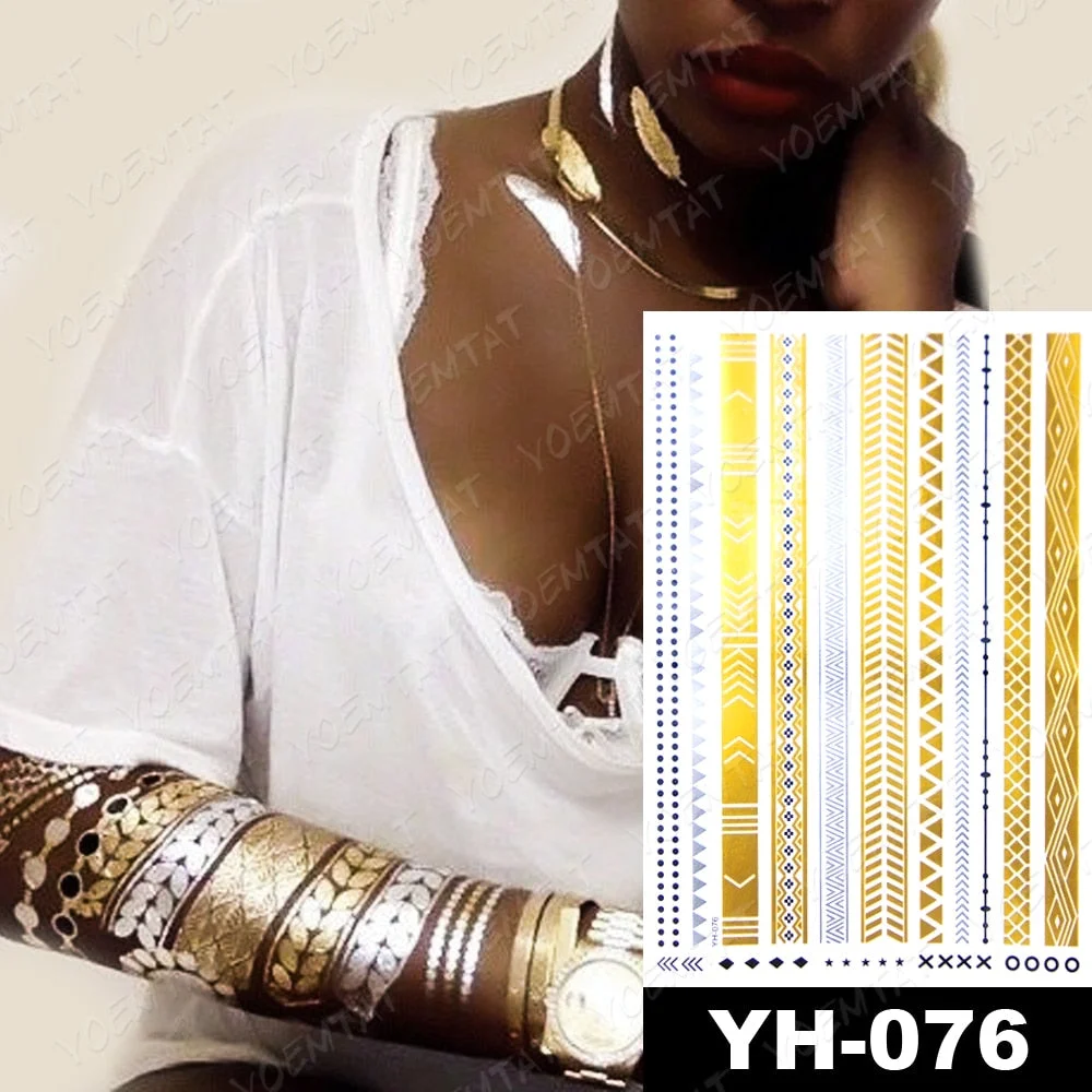 Waterproof Temporary Tattoo Sticker Gold Silver Henna Indian Hand Painted Glitter Tattoos Women Mandala Flower Feather Body Art