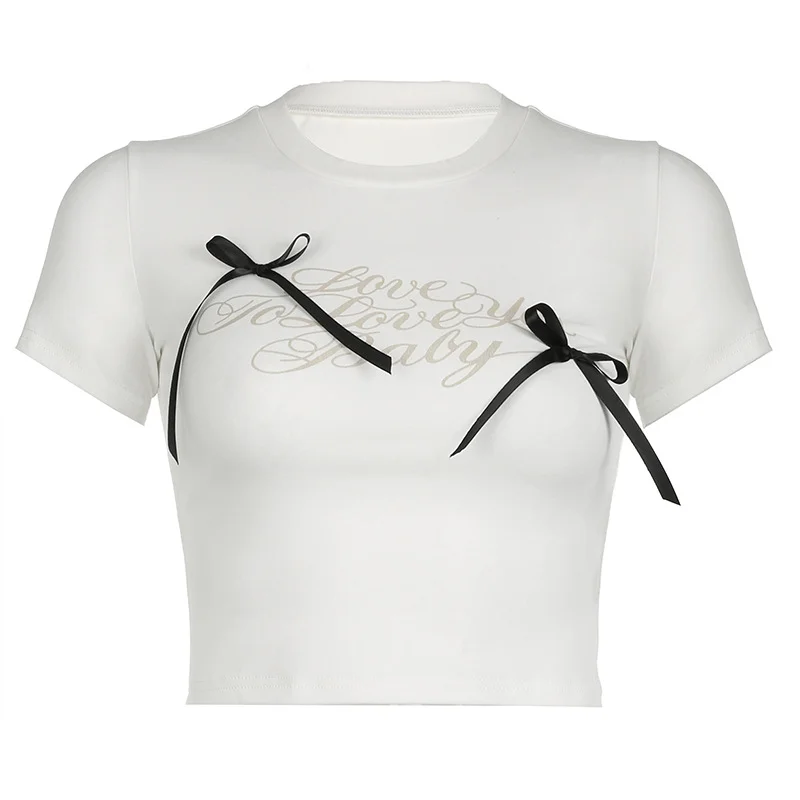 Ueong Simple Letter Printing Collision Color Bow Stitching Knitted Blouse Spicy Girl Short Navel T-Shirt Girl