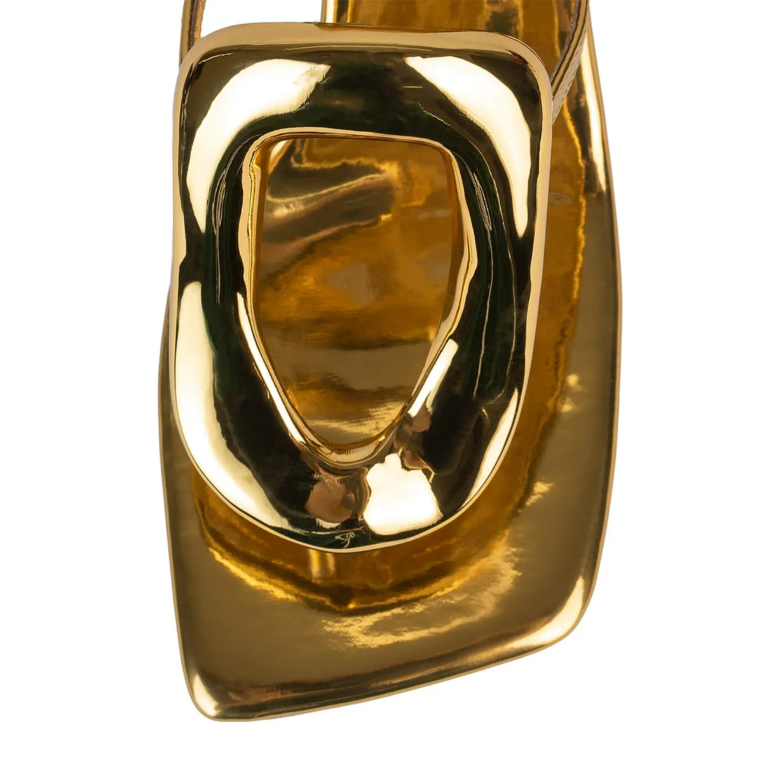 Gold Patent Leather Square Toe Buckle Strap Sandals with Wedge Heels