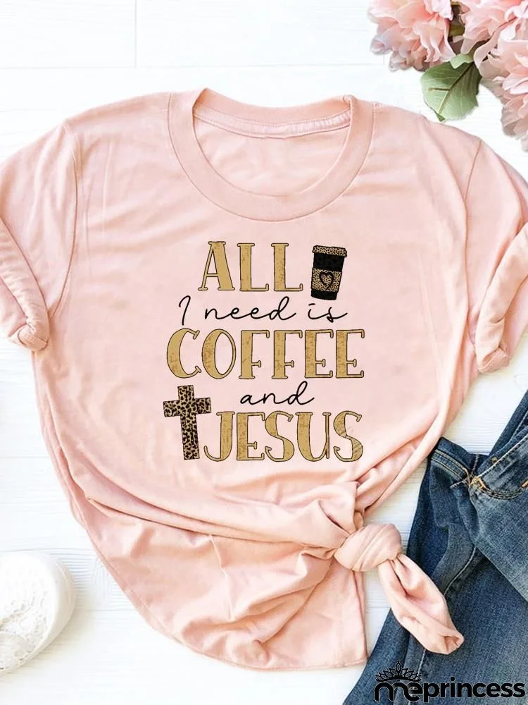 Women Fashion Base Letter Sunflower Cross Print Round Neck Short Sleeve T-Shirt