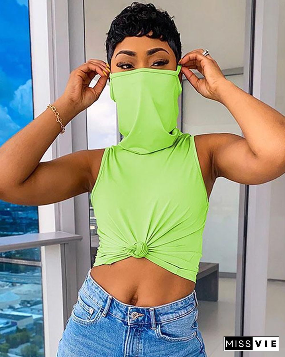 Solid Color Sleeveless Casual Shirt Top With Bandana