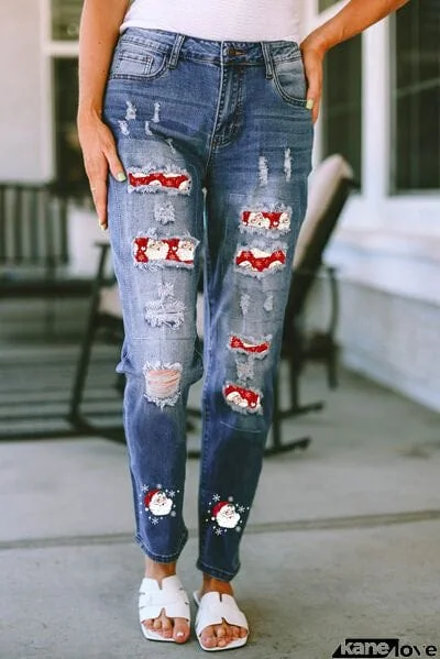 Santa Graphic Distressed Jeans with Pockets