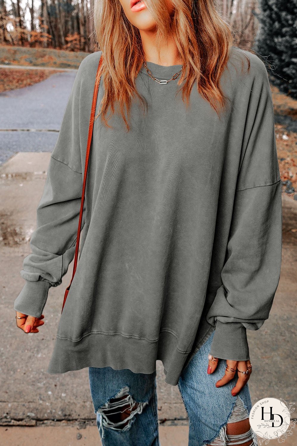 Dropped Shoulder Round Neck Long Sleeve Blouse