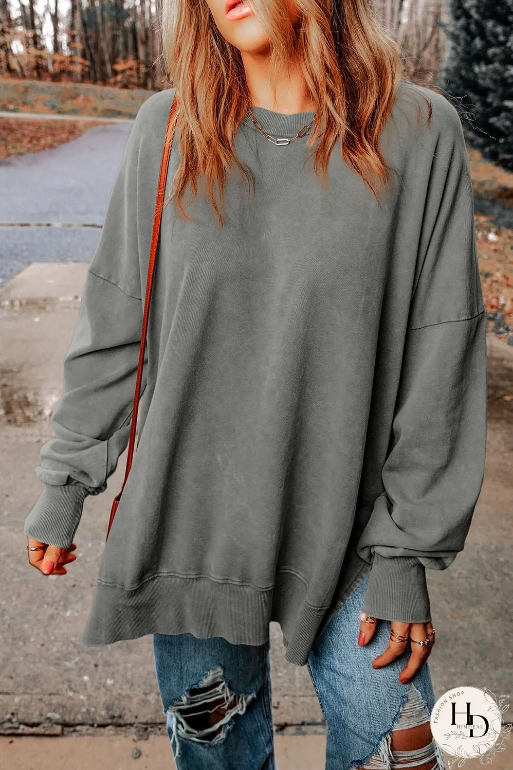 Dropped Shoulder Round Neck Long Sleeve Blouse