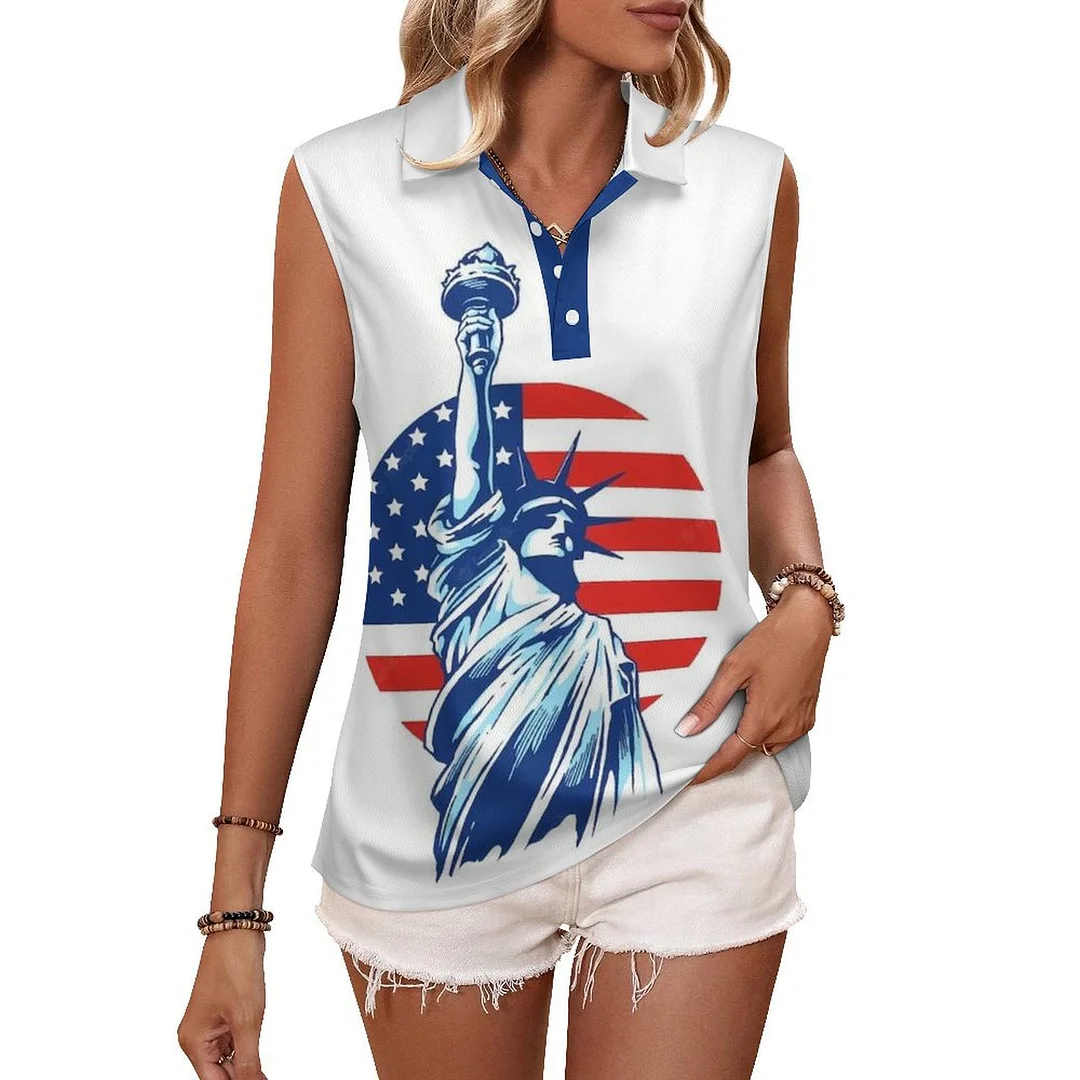 V-neck Sleeveless Casual POLO Shirt Tank Top for Women Printed with Pattern USA, Independence Day, Star, Striped, Blue, Red