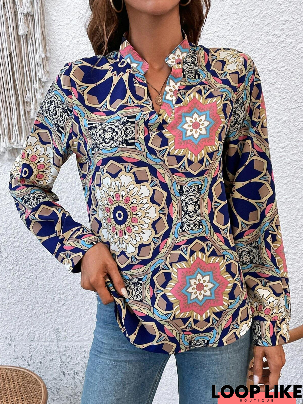 Casual Mandala Print Notched Neckline Blouse