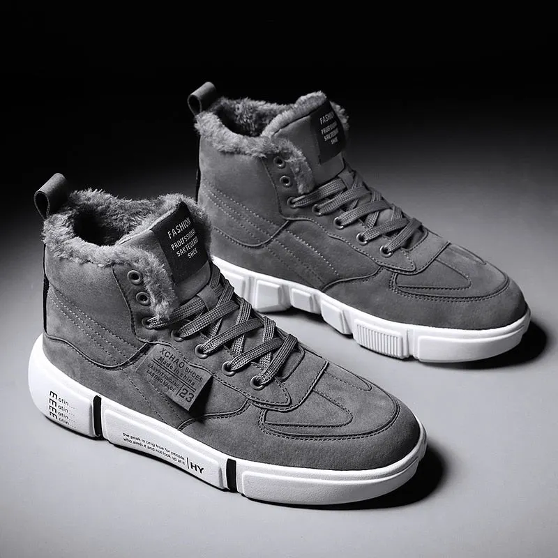 Nine o'clock Winter High-top Men Plush Shoes Fashion Casual Couple Footwear Comfort Warm Lined Sneakers Lace-up Wear-resisting