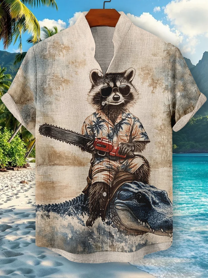 Men's Vacation Art Raccoon Crocodile Print Short Sleeve Shirt