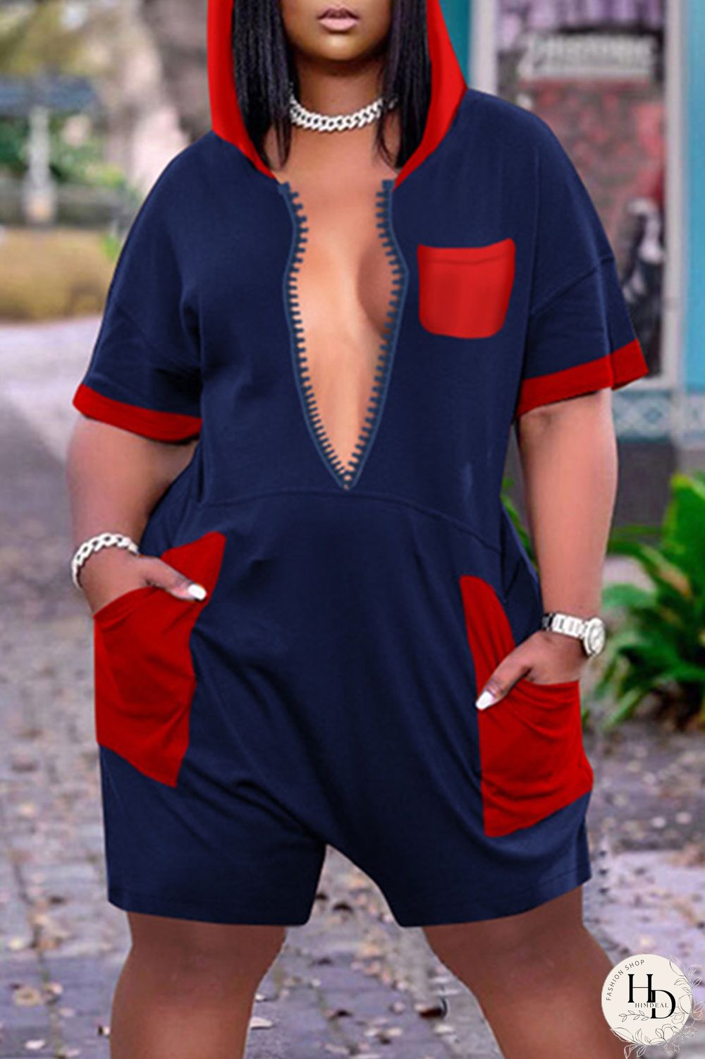 Tibetan Blue Fashion Casual Solid Split Joint Pocket Hooded Collar Plus Size Romper