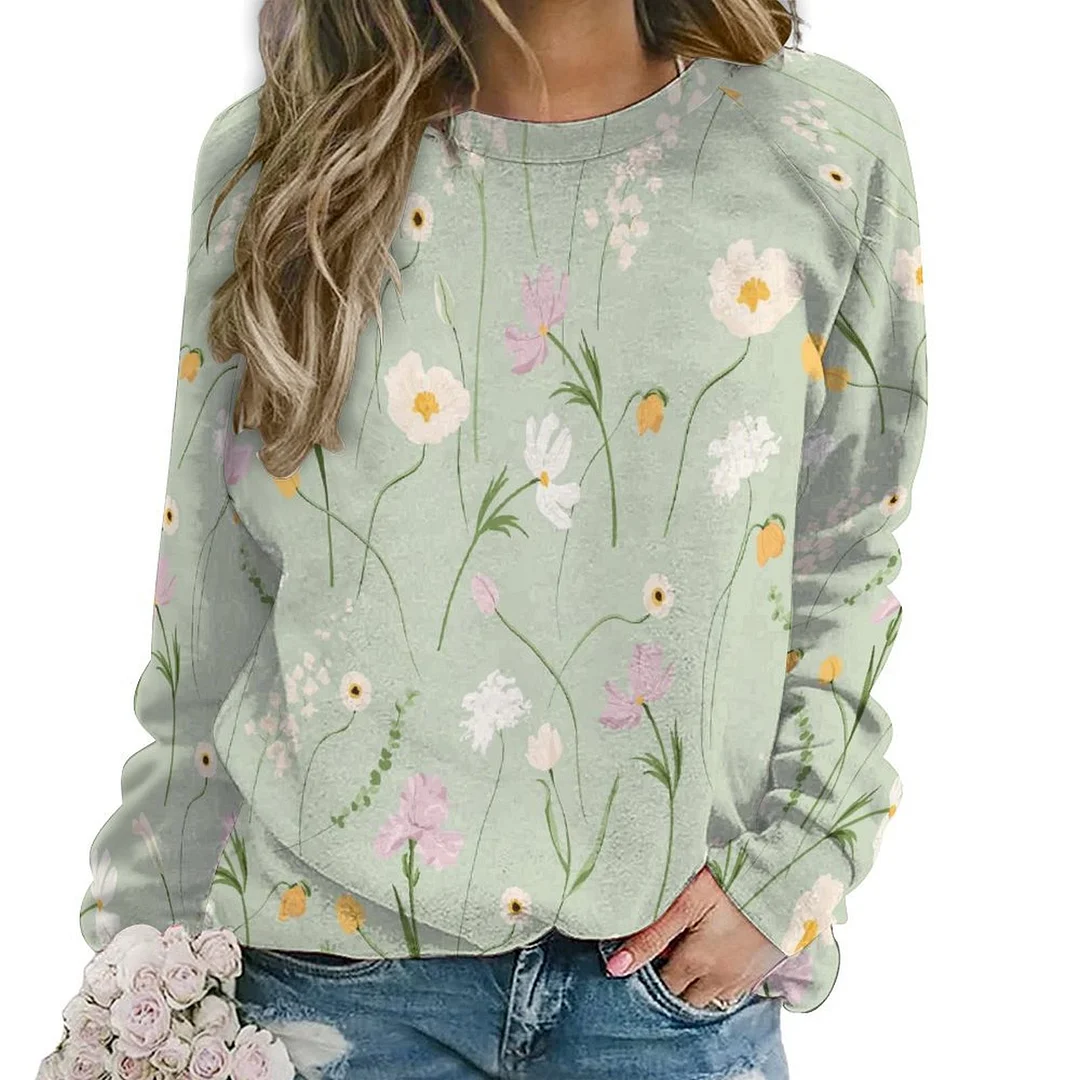 Printed Long Sleeve Casual Sweatshirt for  Women and Men Unisex Pattern Floral, Green