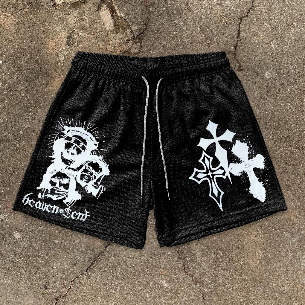 Sopula Heaven Sent Cross Art Graphic Casual Street Mesh Shorts - SOPULA
