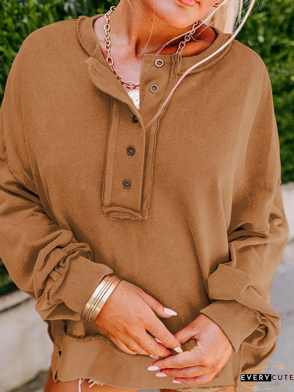 Cozy Brown V-Neck Button Detail Pullover Sweatshirt
