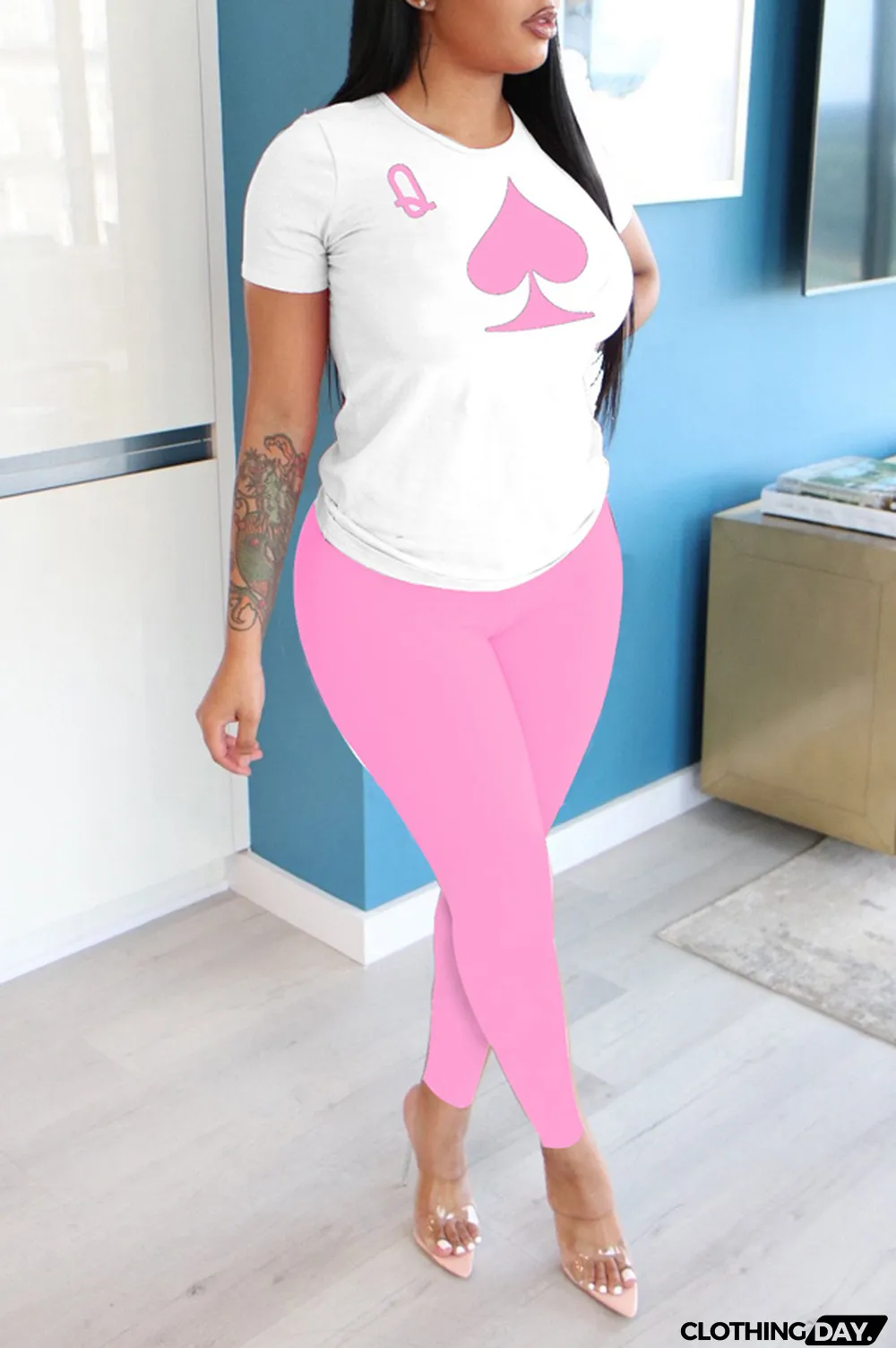 Pink Polyester Street Letter Print Straight Short Sleeve Two Pieces