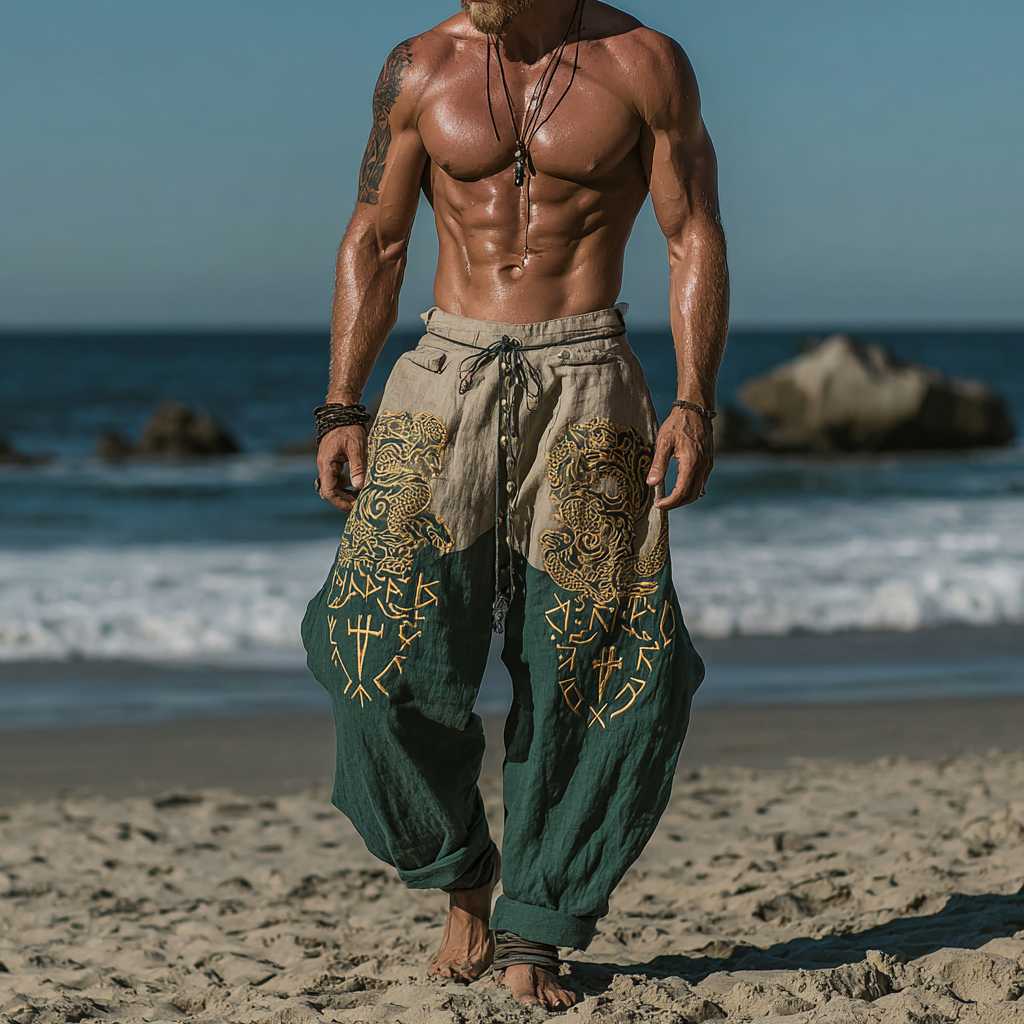 Men's Vintage Jörmungandr Inspired Two-Tone Bohemian Summer Casual Pants / Rvogue / Rvogue