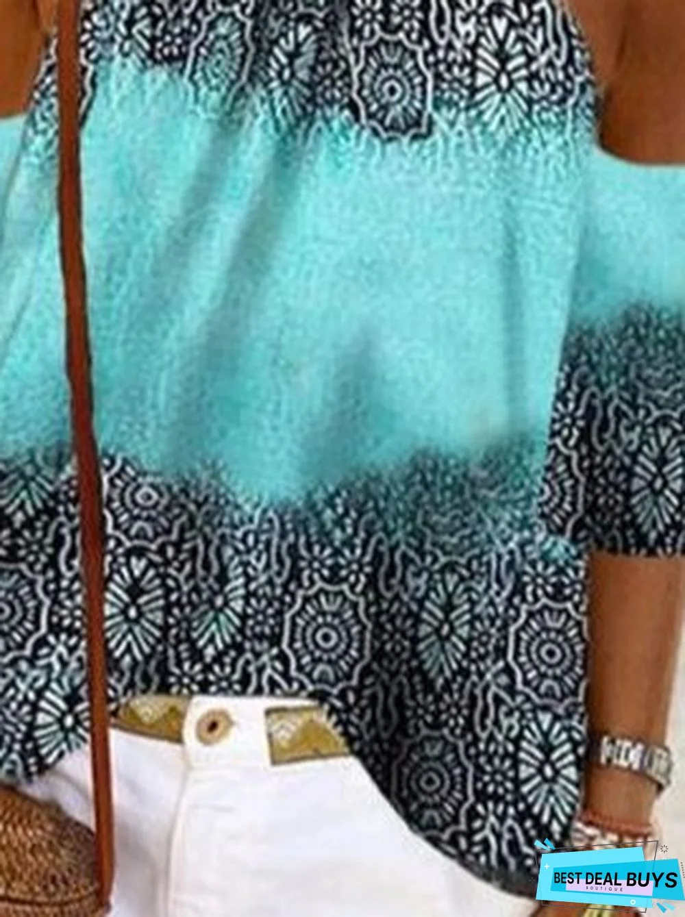 Casual 3/4 Sleeve Cotton Geometric Tops