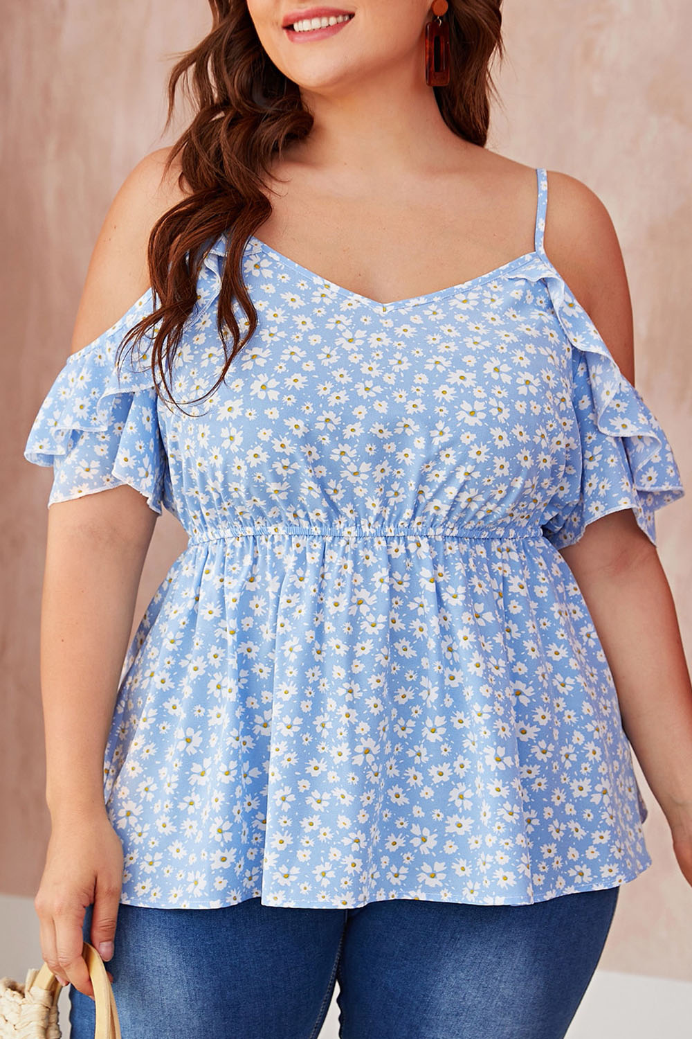 Plus Size Everyday Blue Ditsy Floral Cold Shoulder Ruffle Peplum Blouse 2024 - Flycurvy 