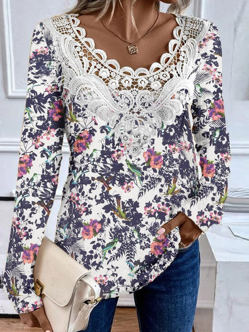 Women plus size clothing Women's Long Sleeve Scoop Neck Graphic Lace Floral Printed Top-Nordswear