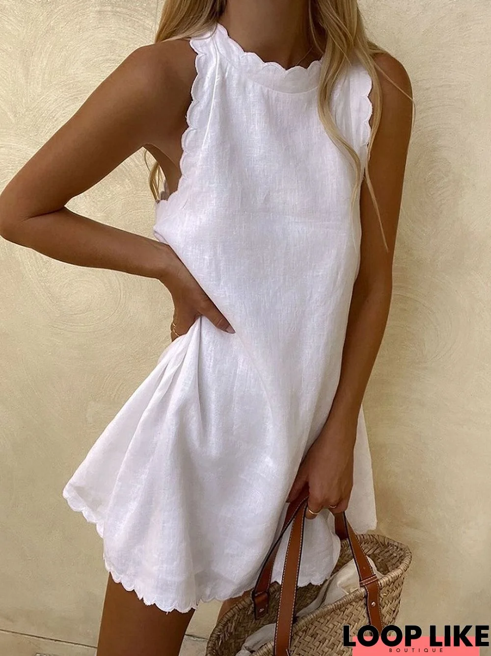 Loose Sleeveless Round Neck Cotton and Linen Dress White Dresses