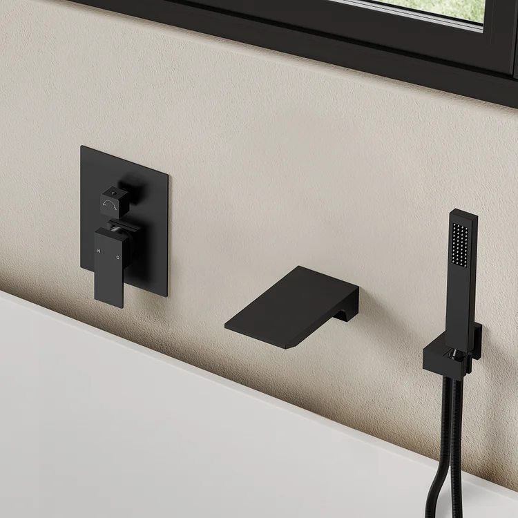 EVERSTEIN M6502BI-BL Waterfall Bathtub Faucet Set with Handheld Shower Head and Tub Spout, Wall Mounted Tub Faucet Trim Kit with Pressure Balanced Valve, Matte Black