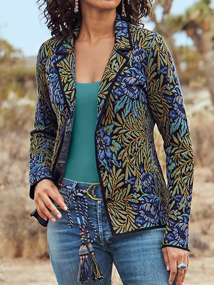 Notched Collar Contrast Trim Floral Blazer