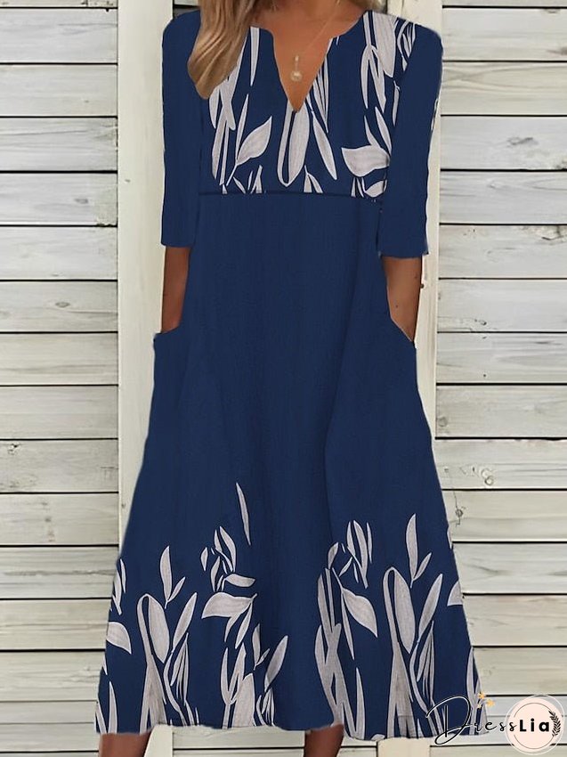 Casual Dress Summer Dress Print Dress Floral Ruched Pocket V Neck Midi Dress Active Fashion Outdoor Daily 3/4 Length Sleeve Loose Fit White Blue Green Summer Spring S M L XL XXL for Women