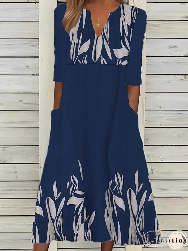 Casual Dress Summer Dress Print Dress Floral Ruched Pocket V Neck Midi Dress Active Fashion Outdoor Daily 3/4 Length Sleeve Loose Fit White Blue Green Summer Spring S M L XL XXL for Women
