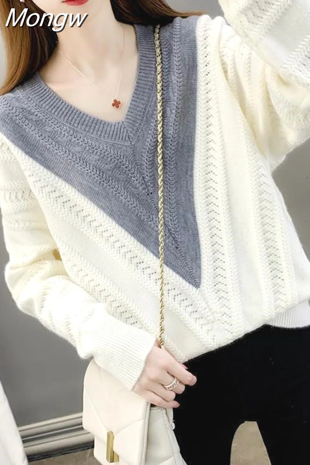 Mongw V-Neck Knitted Spliced Fake Two Pieces Sweater Women's Clothing 2023 Autumn New Loose Casual Pullovers All-match Tops